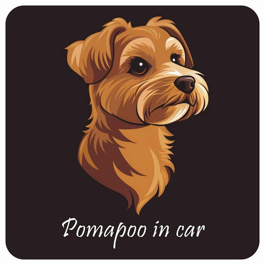 イラスト付 Dog in Car ポメプー Bタイプ ステッカー 正方形 13x13cm シール カーステッカー