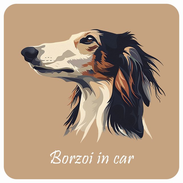 イラスト付 Dog in Car ボルゾイ Aタイプ ステッカー 正方形 13x13cm シール カーステッカー