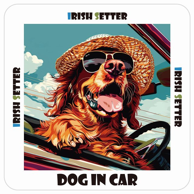 アイリッシュセター Irish Setter DOG IN CAR 海 麦わら帽子 サングラス 夏 ステッカー 13x13cm 正方形 シール カーステッカー