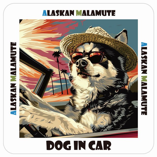 アラスカンマラミュート Alaskan Malamute DOG IN CAR 海 麦わら帽子 サングラス 夏 ステッカー 13x13cm 正方形 シール カーステッカー