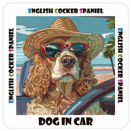 イングリッシュコッカースパニエル English Cocker Spaniel DOG IN CAR 海 麦わら帽子 サングラス 夏 ステッカー 13x13cm 正方形 シール カーステッカー