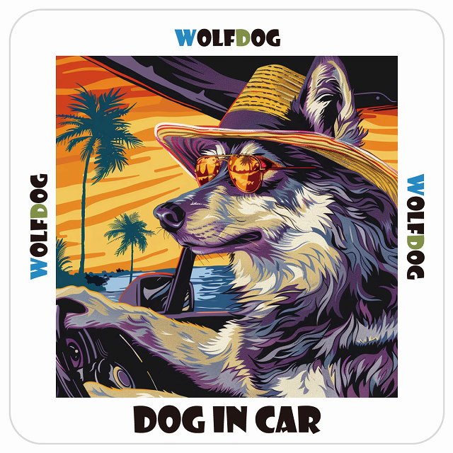 ウルフドッグ Wolfdog DOG IN CAR 海 麦わら帽子 サングラス 夏 ステッカー 13x13cm 正方形 シール カーステッカー