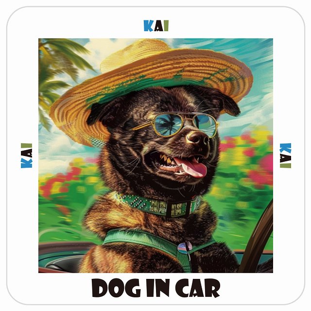 甲斐犬 Kai DOG IN CAR 海 麦わら帽子 サングラス 夏 ステッカー 13x13cm 正方形 シール カーステッカー