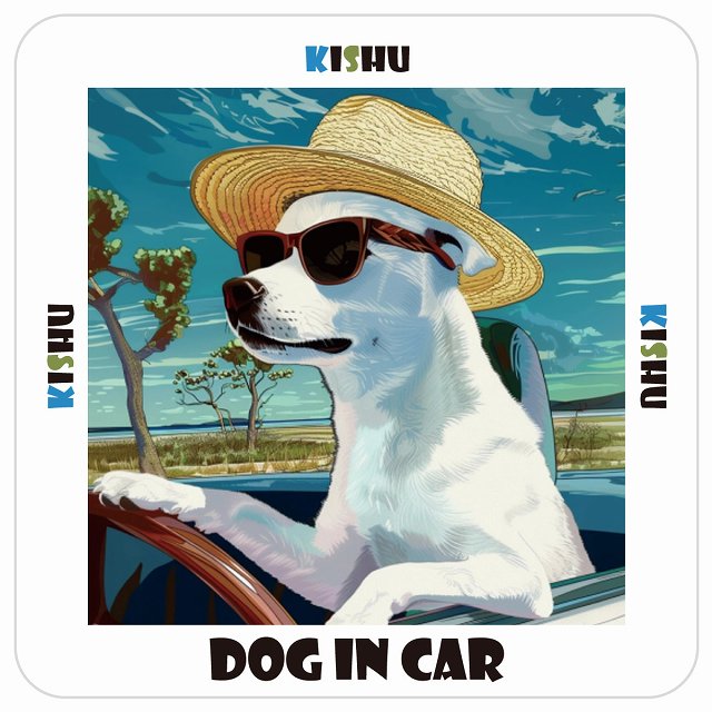 紀州犬 Kishu DOG IN CAR 海 麦わら帽子 サングラス 夏 ステッカー 13x13cm 正方形 シール カーステッカー