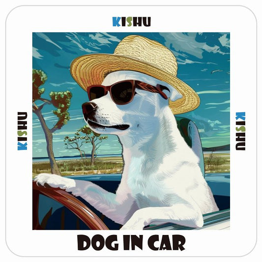 紀州犬 Kishu DOG IN CAR 海 麦わら帽子 サングラス 夏 ステッカー 13x13cm 正方形 シール カーステッカー