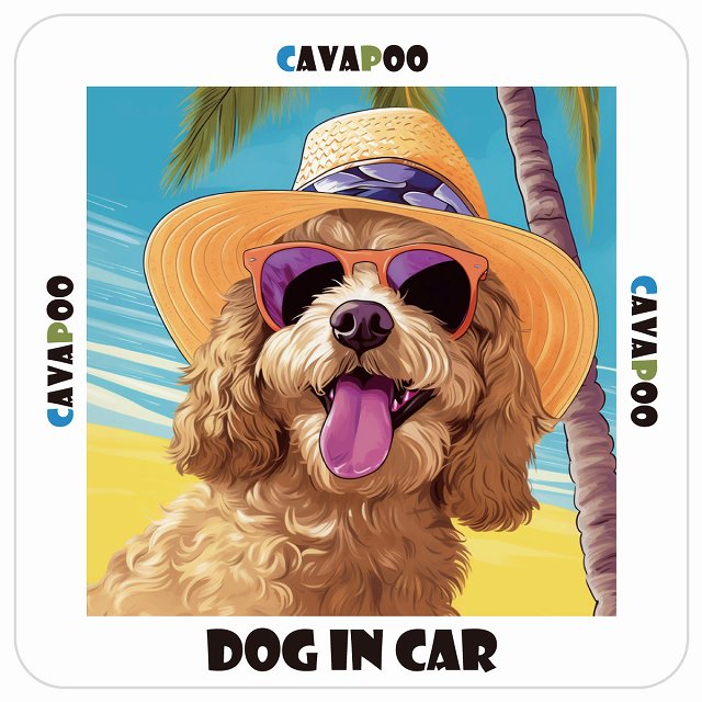 キャバプー Cavapoo DOG IN CAR 海 麦わら帽子 サングラス 夏 ステッカー 13x13cm 正方形 シール カーステッカー