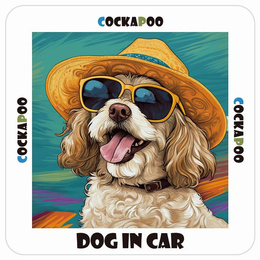 コッカプー Cockapoo DOG IN CAR 海 麦わら帽子 サングラス 夏 ステッカー 13x13cm 正方形 シール カーステッカー