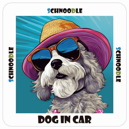 シュナプー Schnoodle DOG IN CAR 海 麦わら帽子 サングラス 夏 ステッカー 13x13cm 正方形 シール カーステッカー