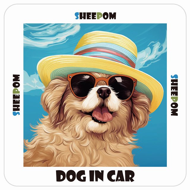 シーポメ Sheepom DOG IN CAR 海 麦わら帽子 サングラス 夏 ステッカー 13x13cm 正方形 シール カーステッカー
