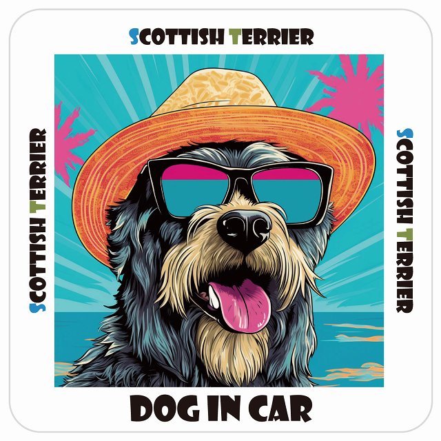 スコティッシュテリア Scottish Terrier DOG IN CAR 海 麦わら帽子 サングラス 夏 ステッカー 13x13cm 正方形 シール カーステッカー