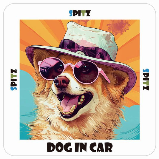 スピッツ Spitz DOG IN CAR 海 麦わら帽子 サングラス 夏 ステッカー 13x13cm 正方形 シール カーステッカー