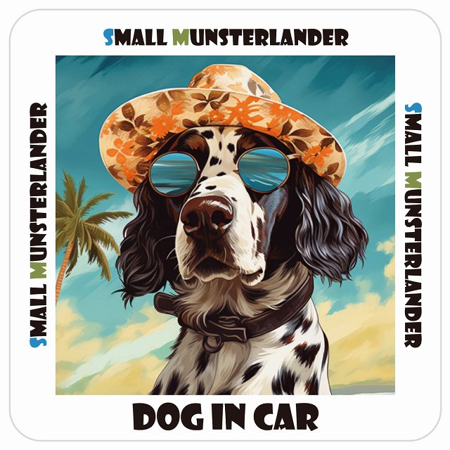 スモールミュンスターレンダー Small Munsterlander DOG IN CAR 海 麦わら帽子 サングラス 夏 ステッカー 13x13cm 正方形 シール カーステッカー