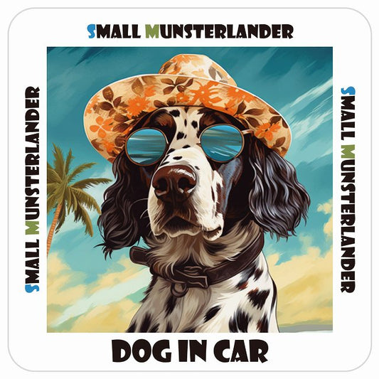 スモールミュンスターレンダー Small Munsterlander DOG IN CAR 海 麦わら帽子 サングラス 夏 ステッカー 13x13cm 正方形 シール カーステッカー