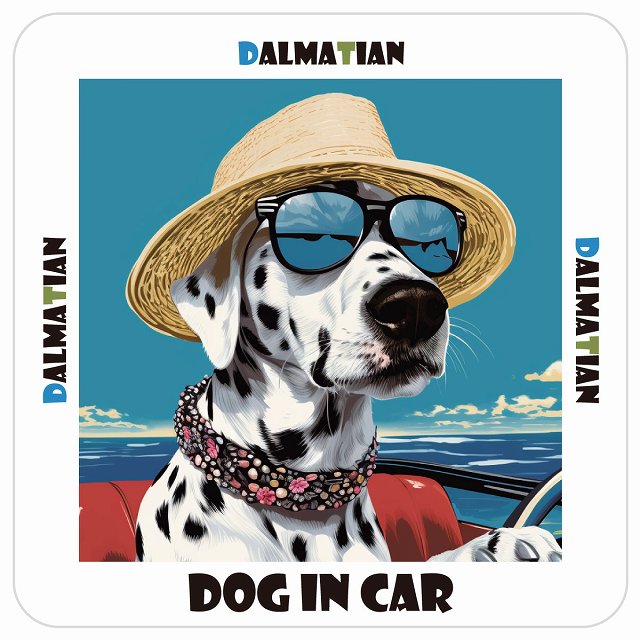 ダルメシアン Dalmatian DOG IN CAR 海 麦わら帽子 サングラス 夏 ステッカー 13x13cm 正方形 シール カーステッカー