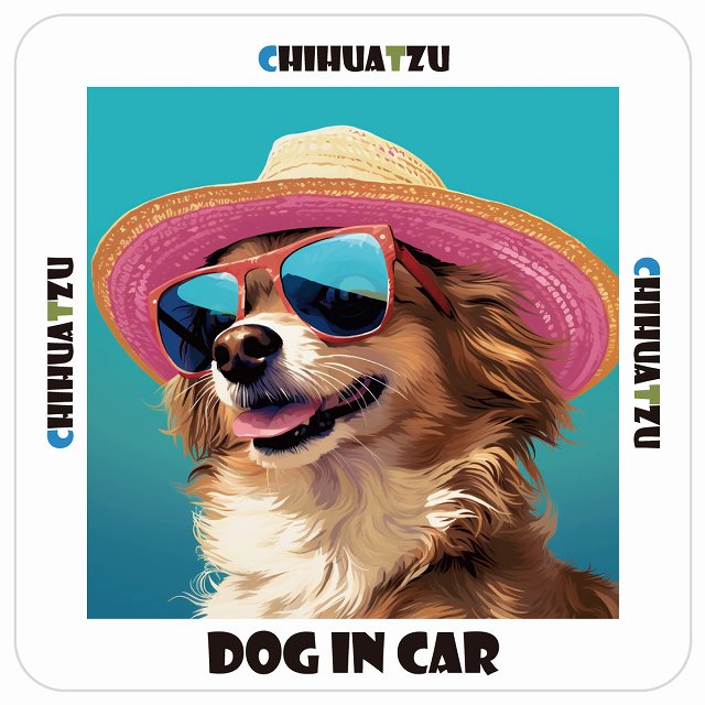 チワズー Chihuatzu DOG IN CAR 海 麦わら帽子 サングラス 夏 ステッカー 13x13cm 正方形 シール カーステッカー