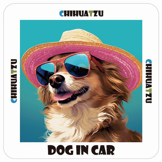 チワズー Chihuatzu DOG IN CAR 海 麦わら帽子 サングラス 夏 ステッカー 13x13cm 正方形 シール カーステッカー