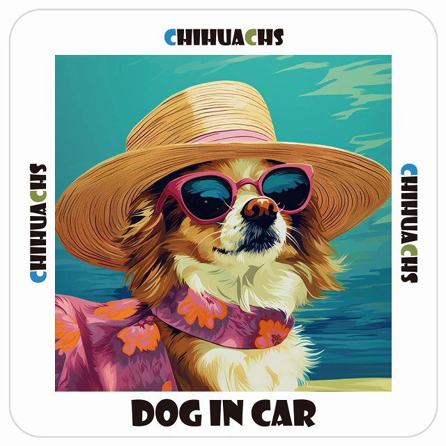 チワックス Chihuachs DOG IN CAR 海 麦わら帽子 サングラス 夏 ステッカー 13x13cm 正方形 シール カーステッカー