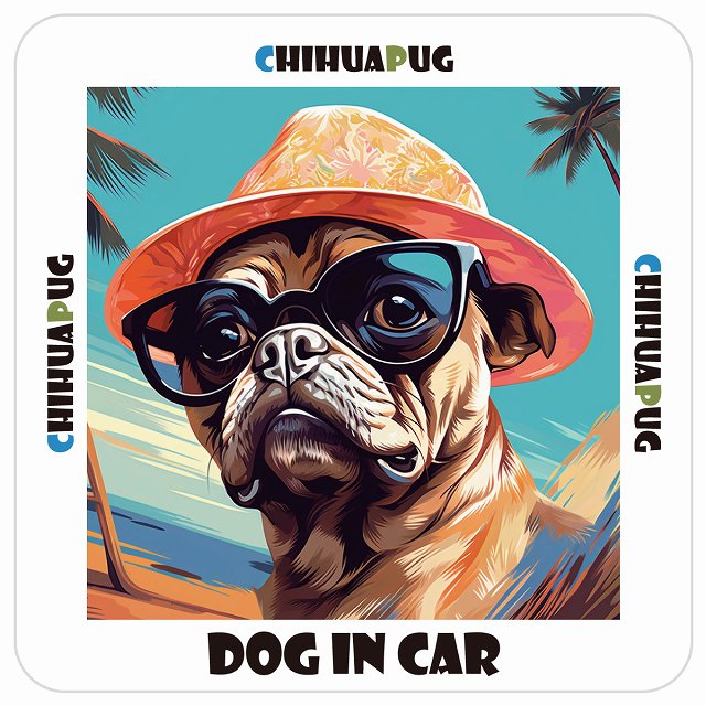チワパグ Chihuapug DOG IN CAR 海 麦わら帽子 サングラス 夏 ステッカー 13x13cm 正方形 シール カーステッカー