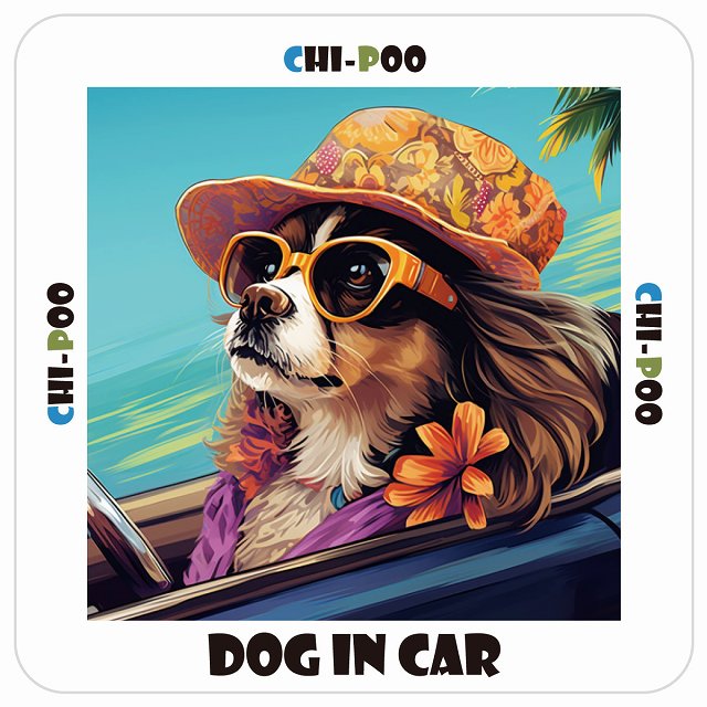 チワプー Chi-Poo DOG IN CAR 海 麦わら帽子 サングラス 夏 ステッカー 13x13cm 正方形 シール カーステッカー