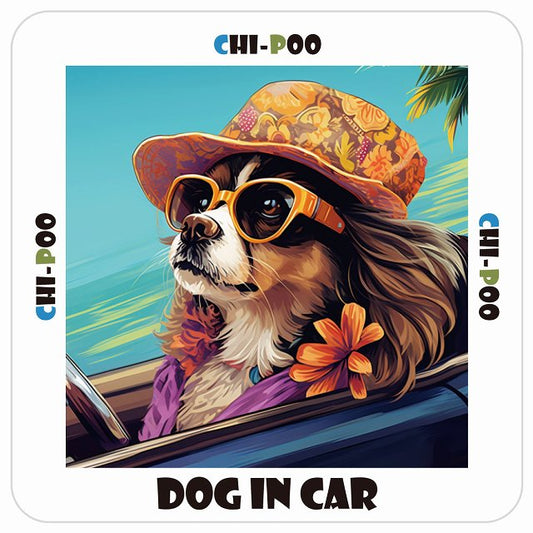 チワプー Chi-Poo DOG IN CAR 海 麦わら帽子 サングラス 夏 ステッカー 13x13cm 正方形 シール カーステッカー