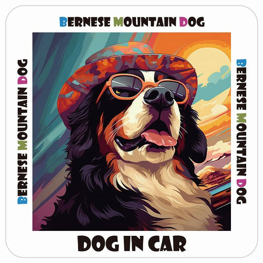 バーニーズマウンテンドッグ Bernese Mountain Dog DOG IN CAR 海 麦わら帽子 サングラス 夏 ステッカー 13x13cm 正方形 シール カーステッカー