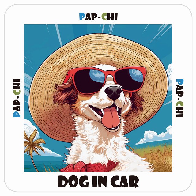 パピチワ Pap-Chi DOG IN CAR 海 麦わら帽子 サングラス 夏 ステッカー 13x13cm 正方形 シール カーステッカー