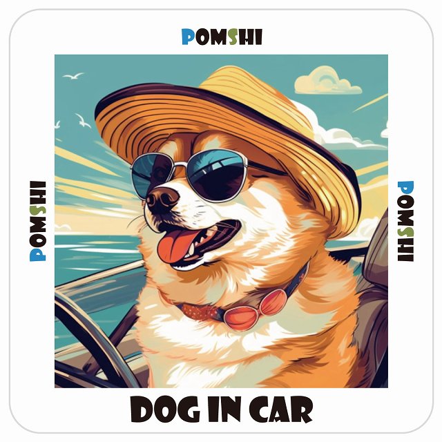 ポメ柴 Pomshi DOG IN CAR 海 麦わら帽子 サングラス 夏 ステッカー 13x13cm 正方形 シール カーステッカー