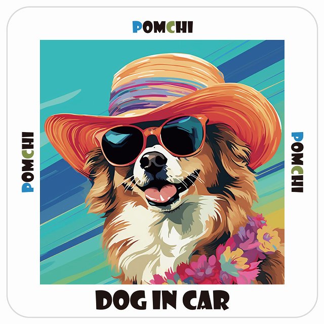 ポメチワ Pomchi DOG IN CAR 海 麦わら帽子 サングラス 夏 ステッカー 13x13cm 正方形 シール カーステッカー