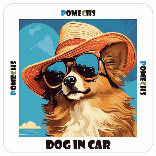 ポメックス Pomechs DOG IN CAR 海 麦わら帽子 サングラス 夏 ステッカー 13x13cm 正方形 シール カーステッカー