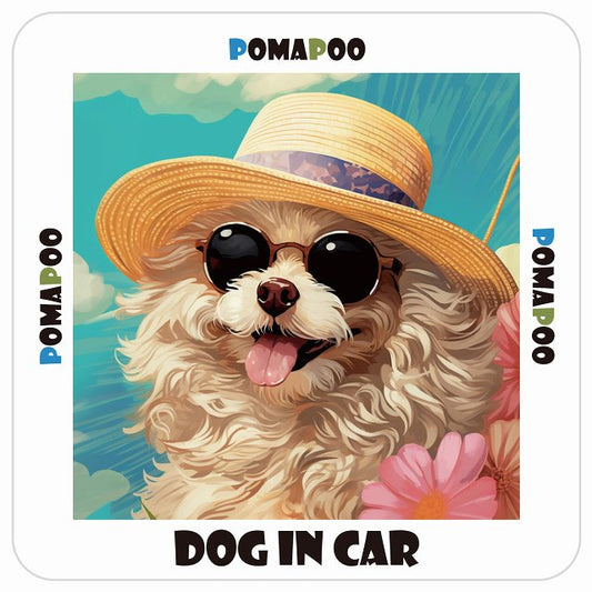 ポメプー Pomapoo DOG IN CAR 海 麦わら帽子 サングラス 夏 ステッカー 13x13cm 正方形 シール カーステッカー