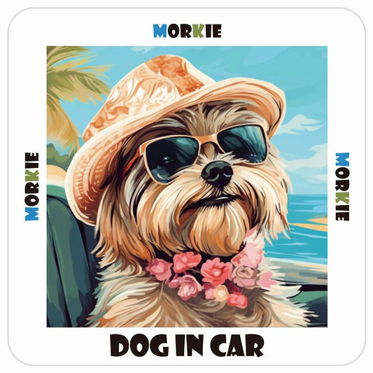マルーキー Morkie DOG IN CAR 海 麦わら帽子 サングラス 夏 ステッカー 13x13cm 正方形 シール カーステッカー