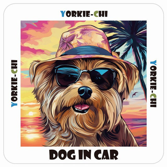 ヨーチー Yorkie-Chi DOG IN CAR 海 麦わら帽子 サングラス 夏 ステッカー 13x13cm 正方形 シール カーステッカー