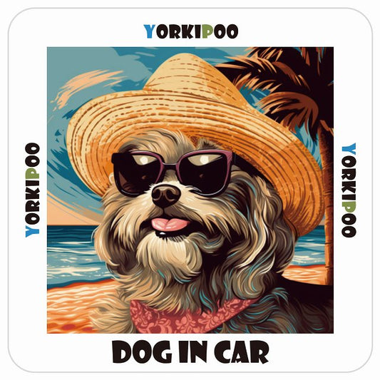 ヨープー Yorkipoo DOG IN CAR 海 麦わら帽子 サングラス 夏 ステッカー 13x13cm 正方形 シール カーステッカー