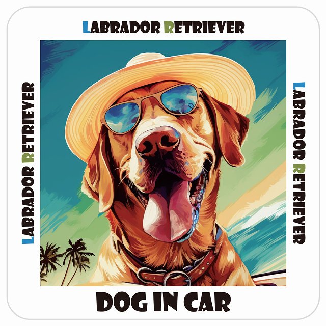 ラブラドールレトリバー Labrador Retriever DOG IN CAR 海 麦わら帽子 サングラス 夏 ステッカー 13x13cm 正方形 シール カーステッカー