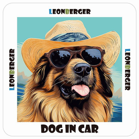レオンベルガー Leonberger DOG IN CAR 海 麦わら帽子 サングラス 夏 ステッカー 13x13cm 正方形 シール カーステッカー