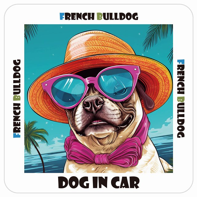 フレンチブルドッグ French Bulldog DOG IN CAR 海 麦わら帽子 サングラス 夏 ステッカー 13x13cm 正方形 シール カーステッカー