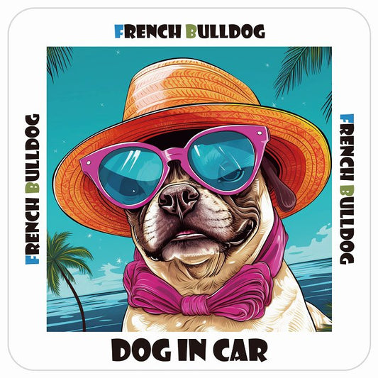 フレンチブルドッグ French Bulldog DOG IN CAR 海 麦わら帽子 サングラス 夏 ステッカー 13x13cm 正方形 シール カーステッカー
