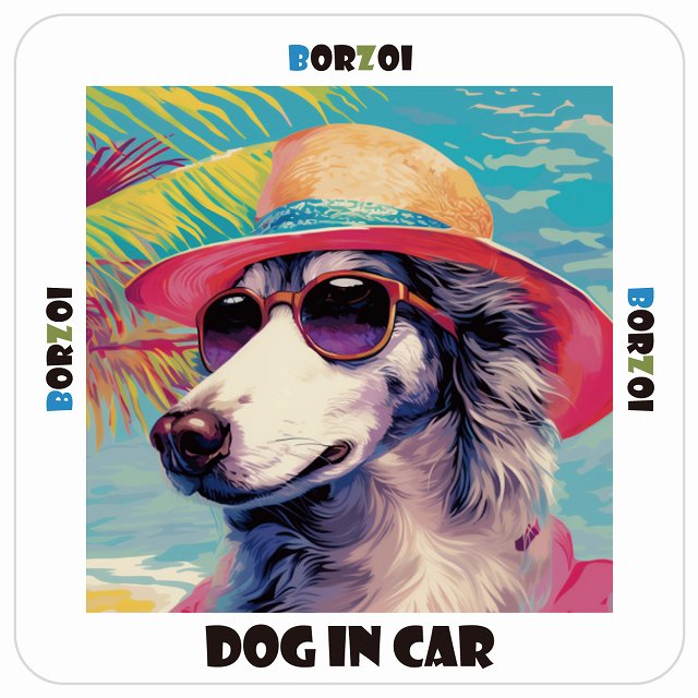 ボルゾイ Borzoi DOG IN CAR 海 麦わら帽子 サングラス 夏 ステッカー 13x13cm 正方形 シール カーステッカー
