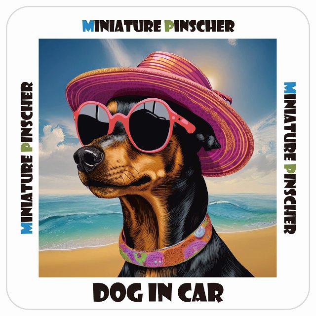 Miniature Pinscher ミニチュアピンシャー DOG IN CAR 海 麦わら帽子 サングラス 夏 ステッカー 13x13cm 正方形 シール カーステッカー