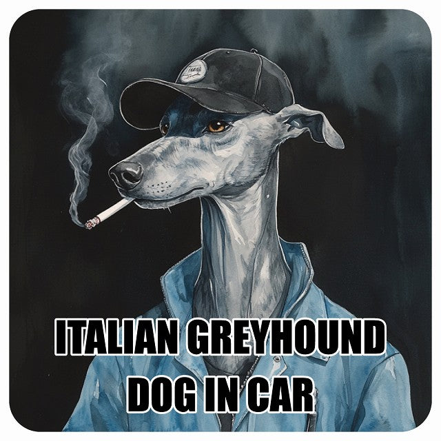 ITALIAN GREYHOUND イタリアングレーハウンド DOG IN CAR 作業服 ちょい悪 ステッカー 13x13cm 正方形 シール カーステッカー