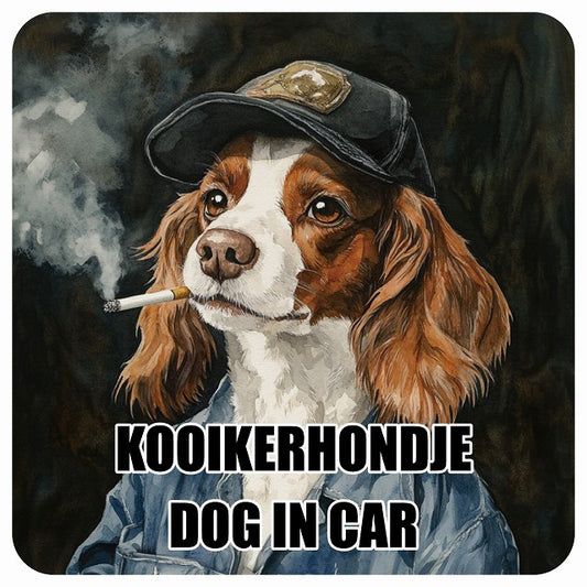 KOOIKERHONDJE コーイケルホーンディエ DOG IN CAR 作業服 ちょい悪 ステッカー 13x13cm 正方形 シール カーステッカー