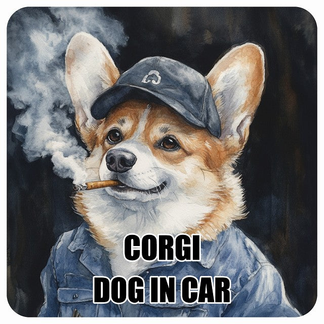 CORGI コーギー DOG IN CAR 作業服 ちょい悪 ステッカー 13x13cm 正方形 シール カーステッカー
