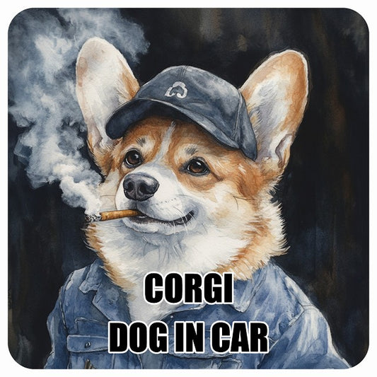 CORGI コーギー DOG IN CAR 作業服 ちょい悪 ステッカー 13x13cm 正方形 シール カーステッカー