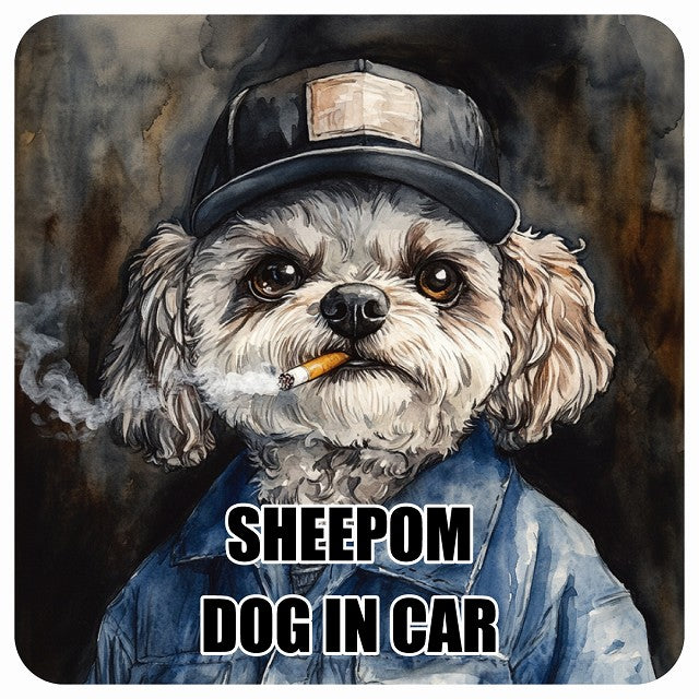SHEEPOM シーポメ DOG IN CAR 作業服 ちょい悪 ステッカー 13x13cm 正方形 シール カーステッカー