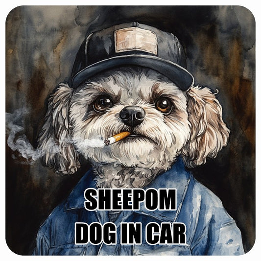 SHEEPOM シーポメ DOG IN CAR 作業服 ちょい悪 ステッカー 13x13cm 正方形 シール カーステッカー