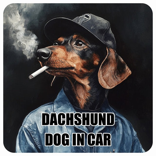 DACHSHUND ダックスフント DOG IN CAR 作業服 ちょい悪 ステッカー 13x13cm 正方形 シール カーステッカー