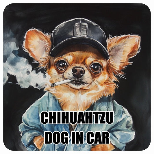CHIHUAHTZU チワズー DOG IN CAR 作業服 ちょい悪 ステッカー 13x13cm 正方形 シール カーステッカー