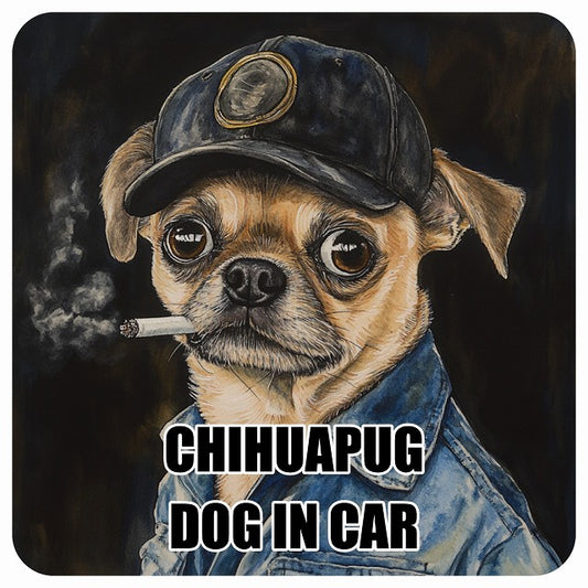 CHIHUAPUG チワパグ DOG IN CAR 作業服 ちょい悪 ステッカー 13x13cm 正方形 シール カーステッカー