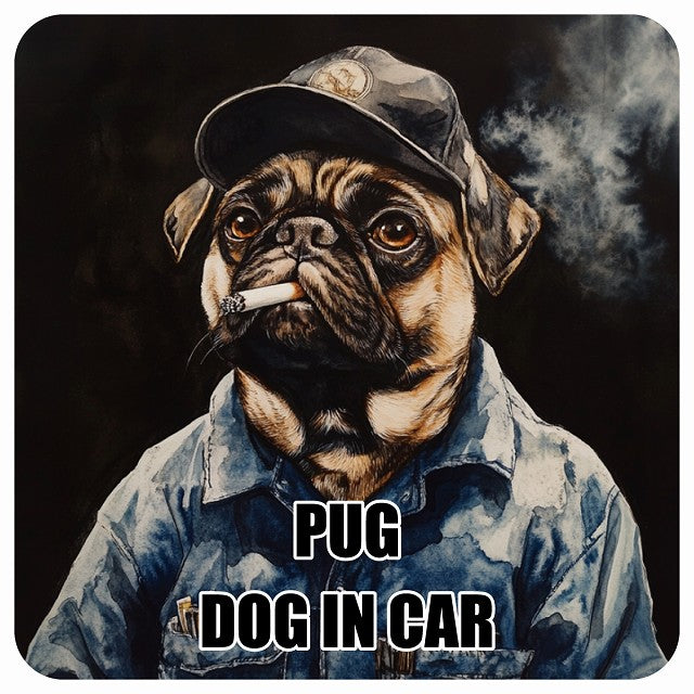 PUG パグ DOG IN CAR 作業服 ちょい悪 ステッカー 13x13cm 正方形 シール カーステッカー