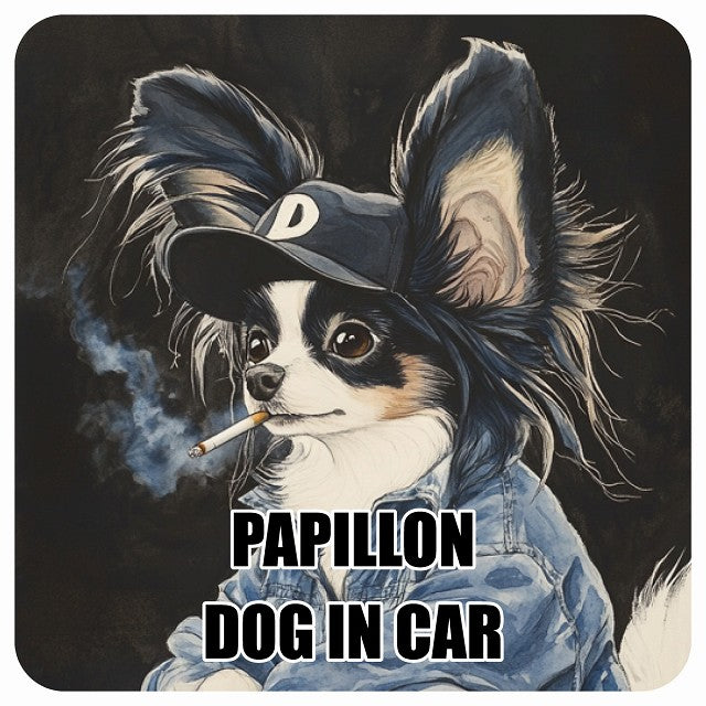 PAPILLON パピヨン DOG IN CAR 作業服 ちょい悪 ステッカー 13x13cm 正方形 シール カーステッカー